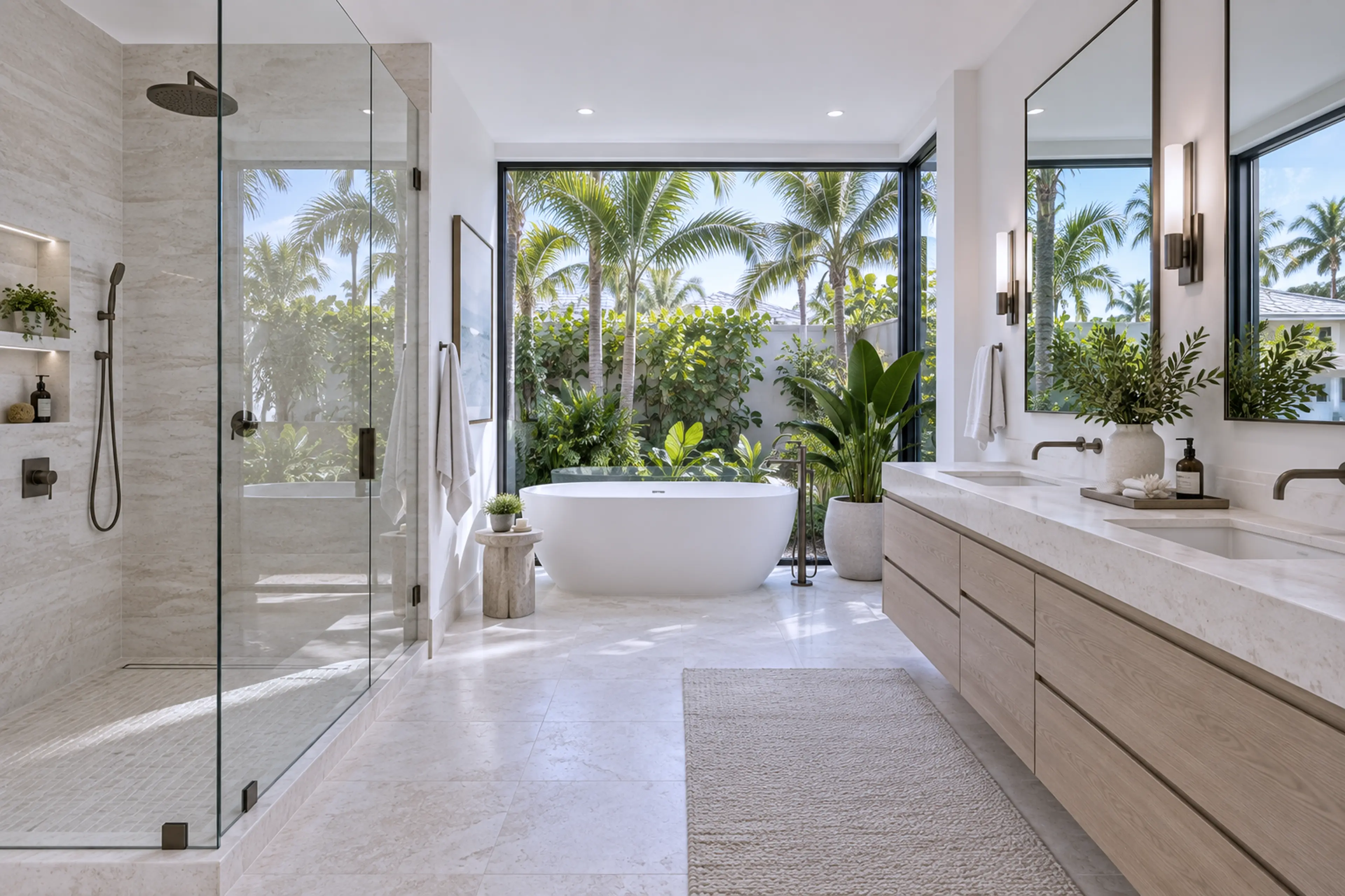 Modern primary bathroom with warm oak cabinetry, pale stone, and a freestanding tub.