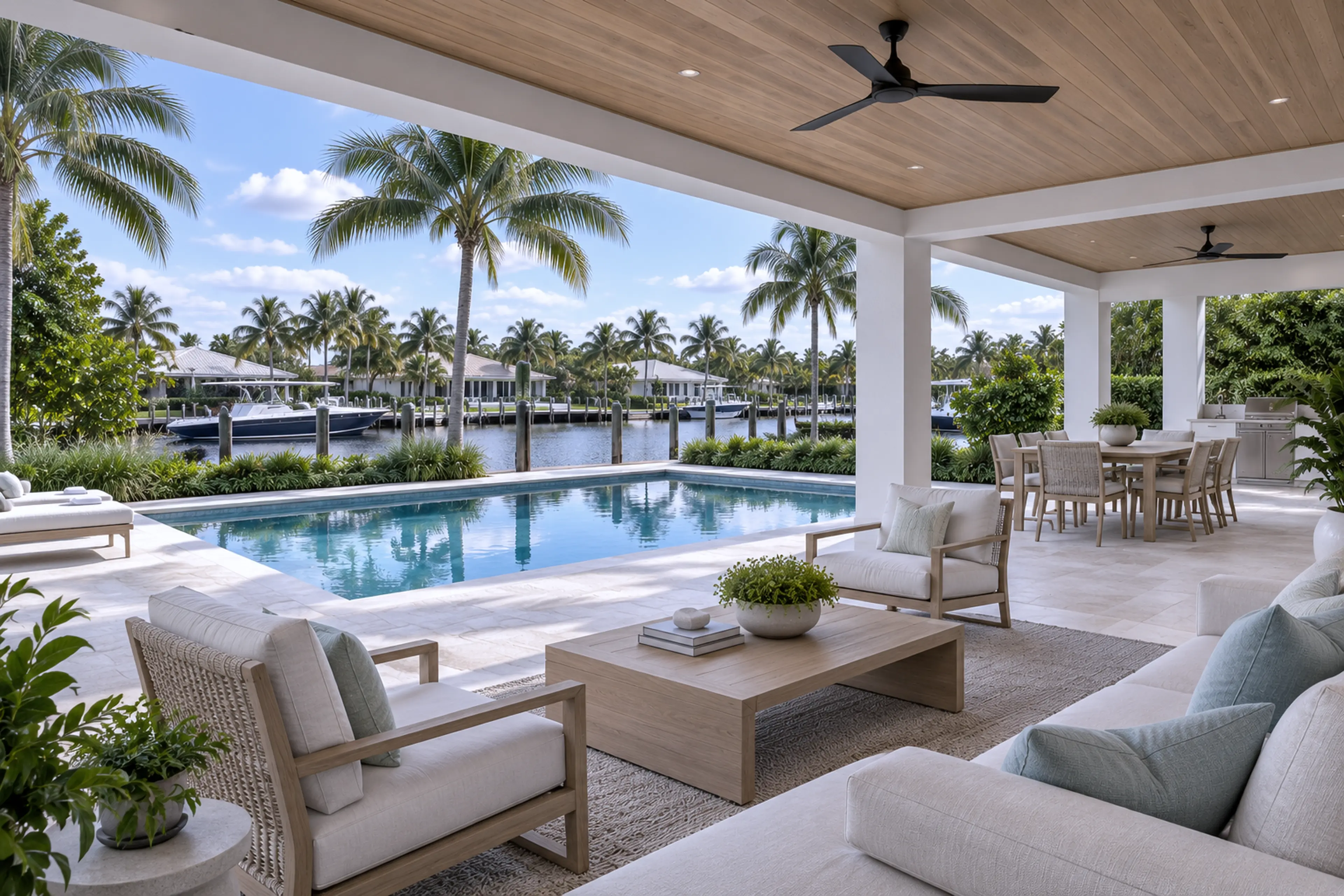 Covered loggia, modest pool, outdoor dining, and authentic canal setting.