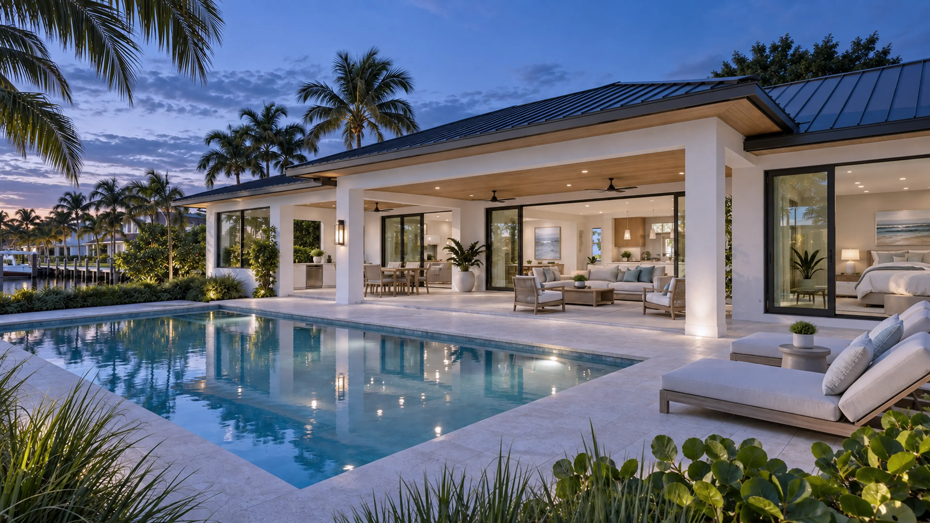 Completed one-story Coastal Contemporary renovation and pool at blue hour.