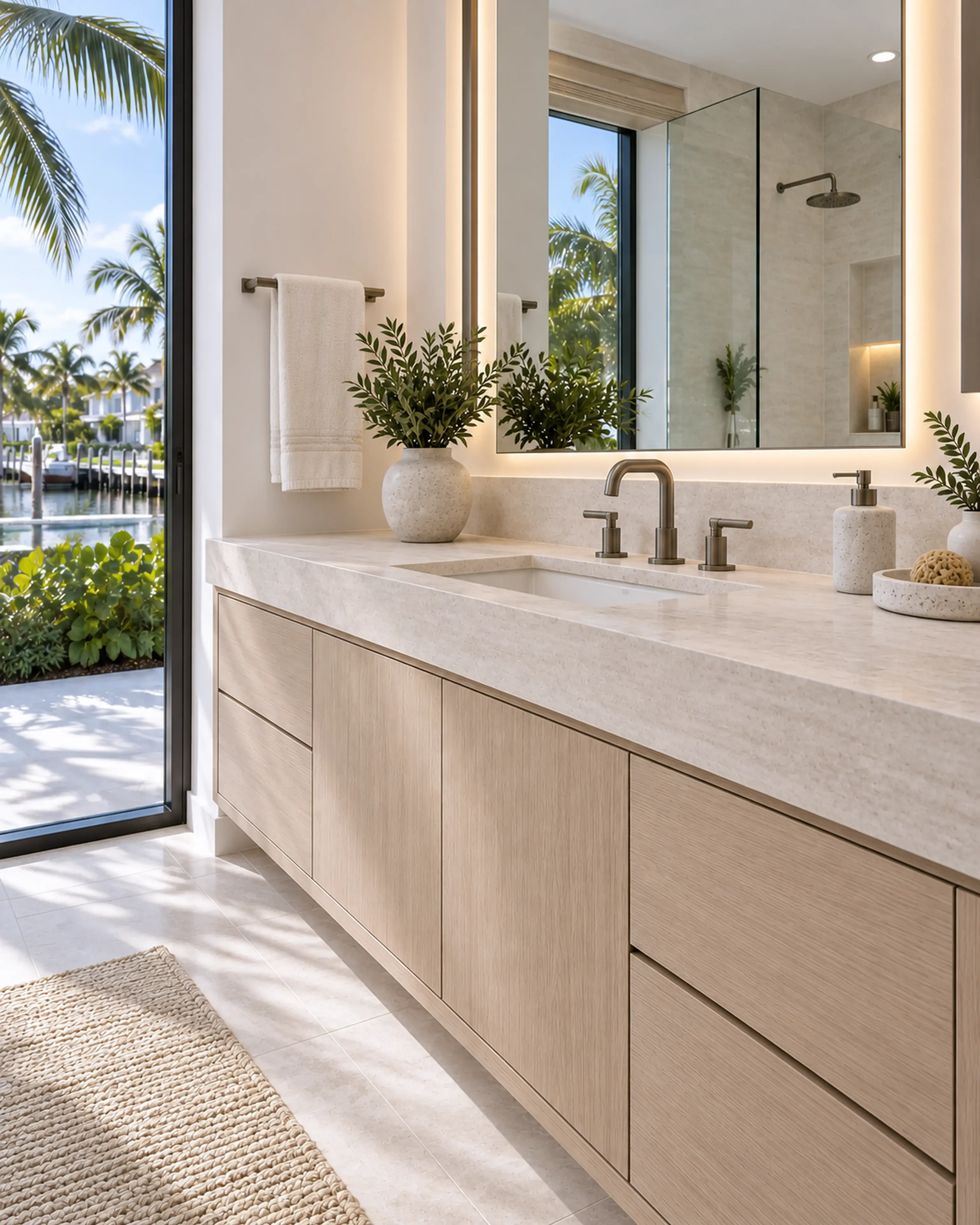 Miami Modern vanity detail with pale oak, honed stone, integrated light, and garden views.