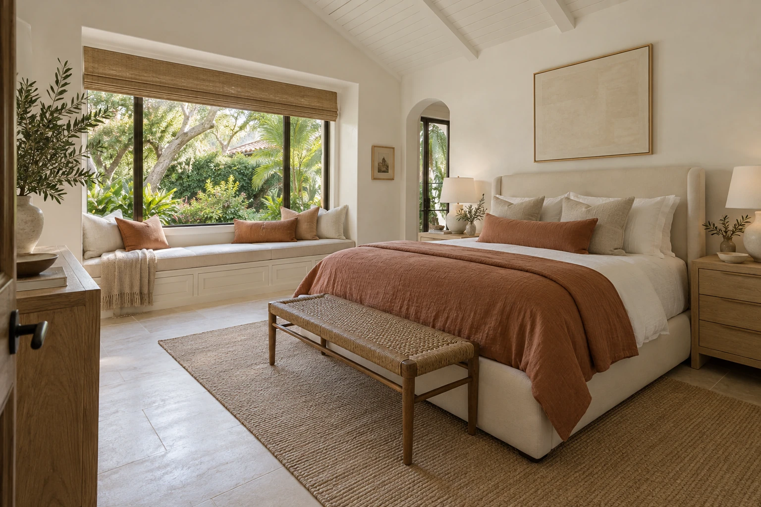 Guest-suite addition with a built-in garden window seat, soft terracotta textiles and ivory finishes — RENOVA design concept.