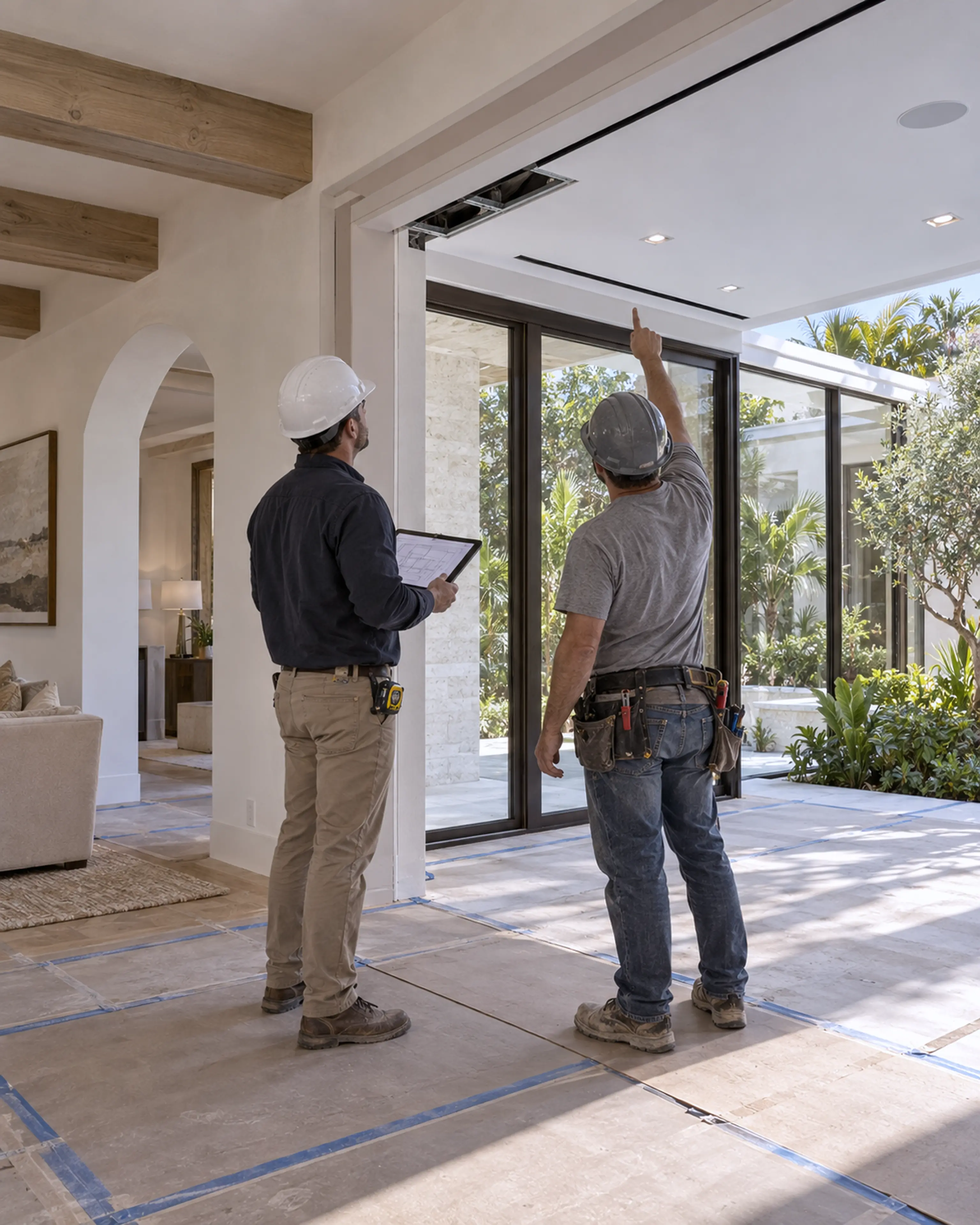Superintendent and licensed trade coordinating ceiling systems at the transition between the existing home and addition.