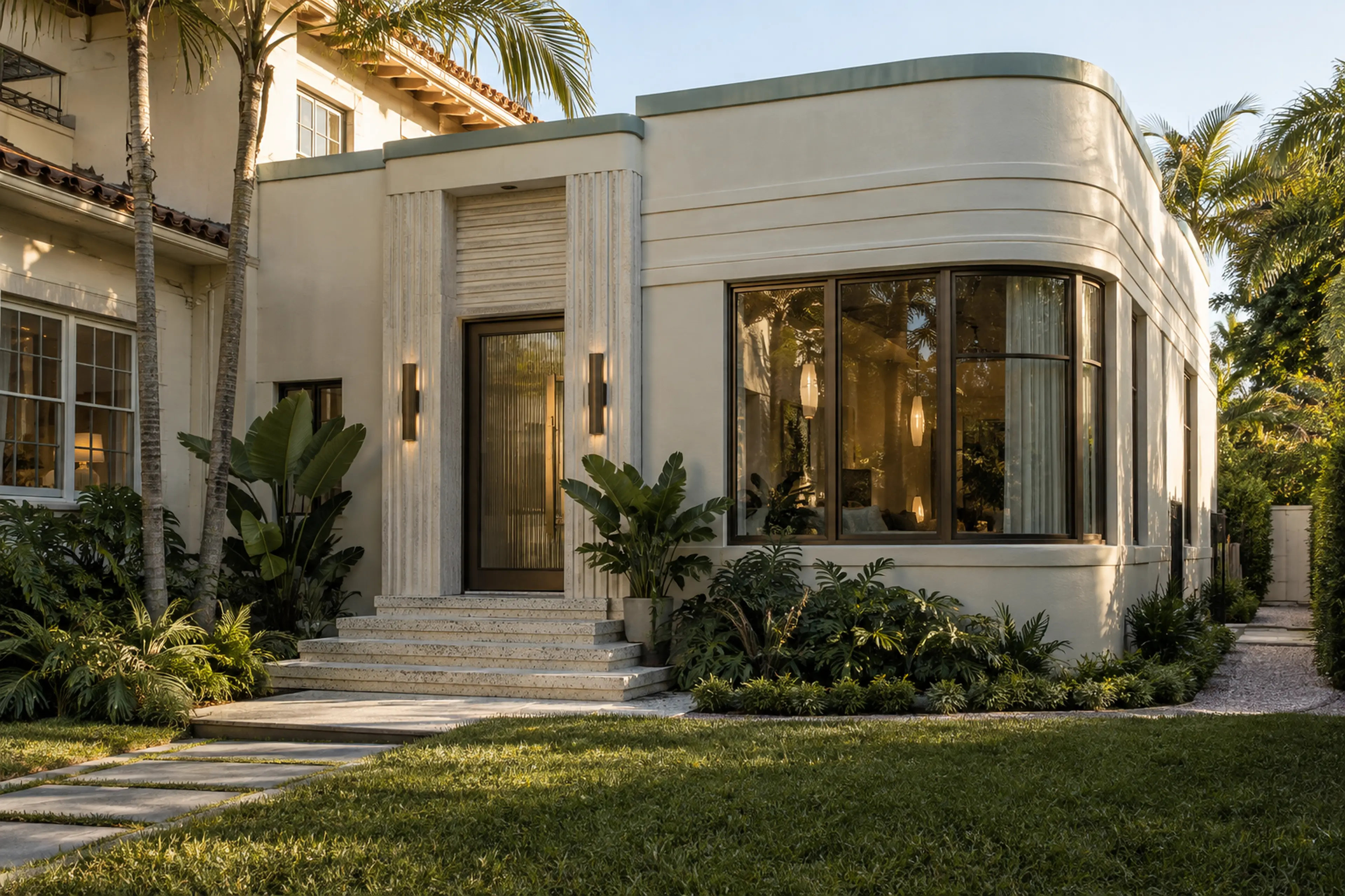Restrained residential Art Deco side addition with a rounded corner, cream stucco banding, fluted stone, ribbed glass, and restored tropical landscaping.