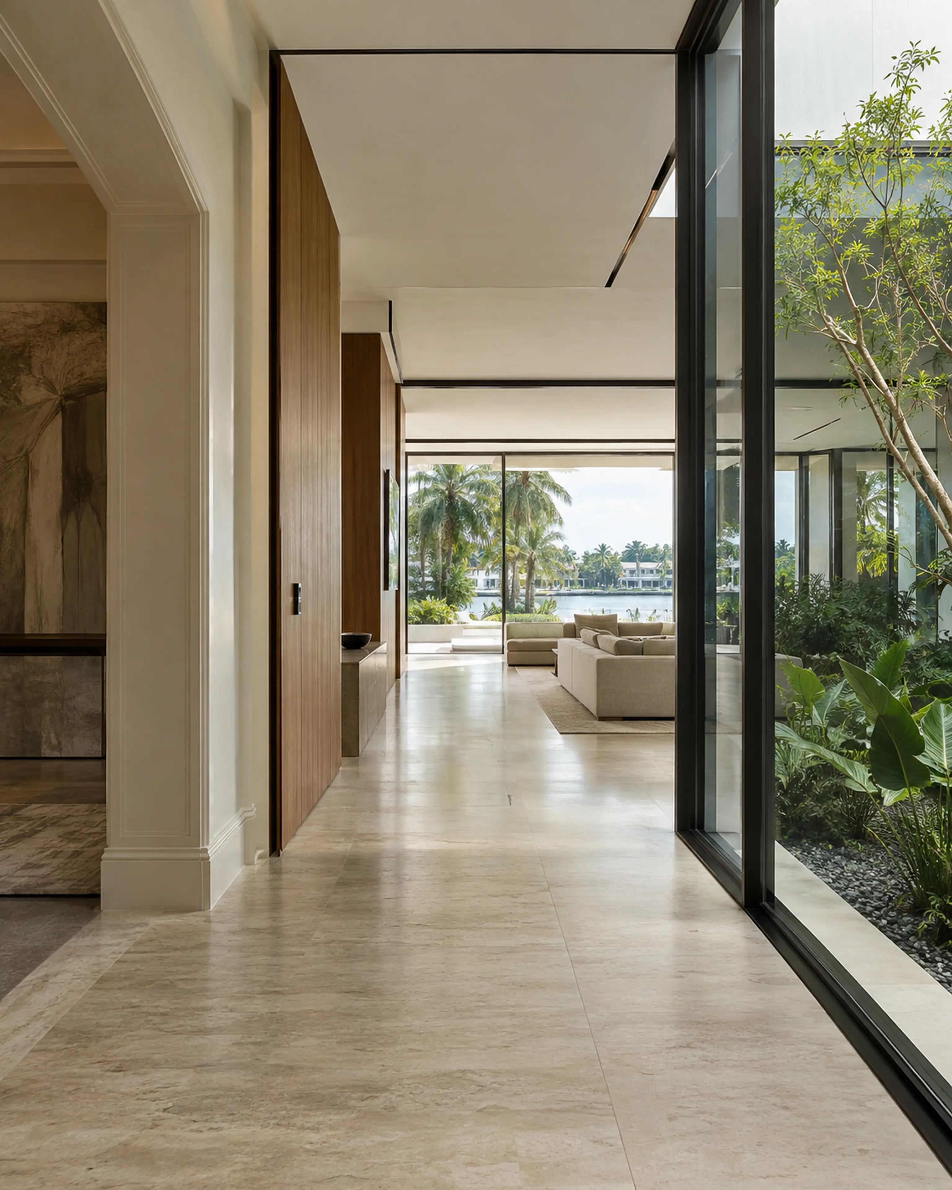Finished Miami Modern junction where an original paneled hall meets a walnut-and-glass family-room addition and planted light court.
