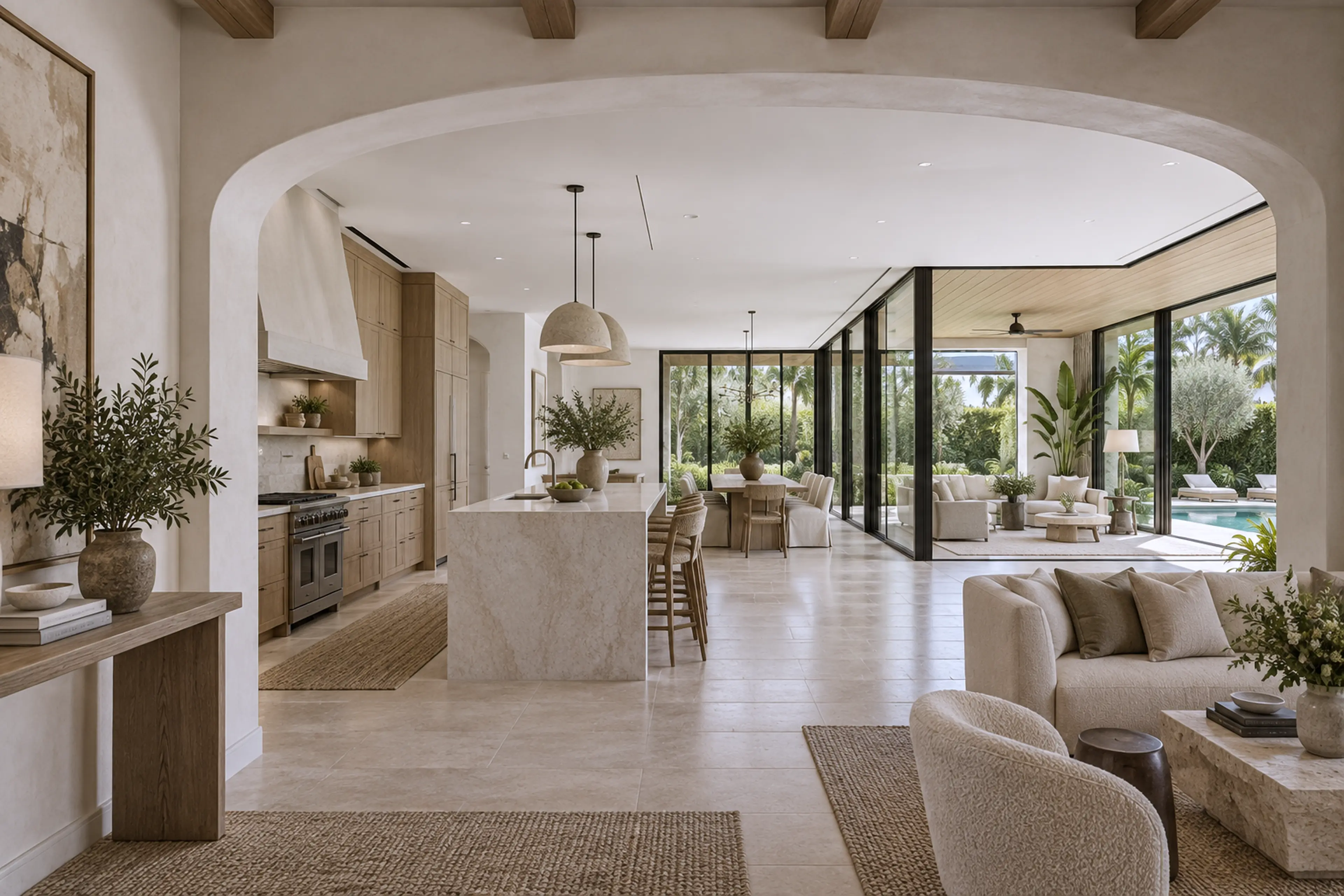 Continuous view from the original home through a reworked kitchen and dining area into the completed garden wing.