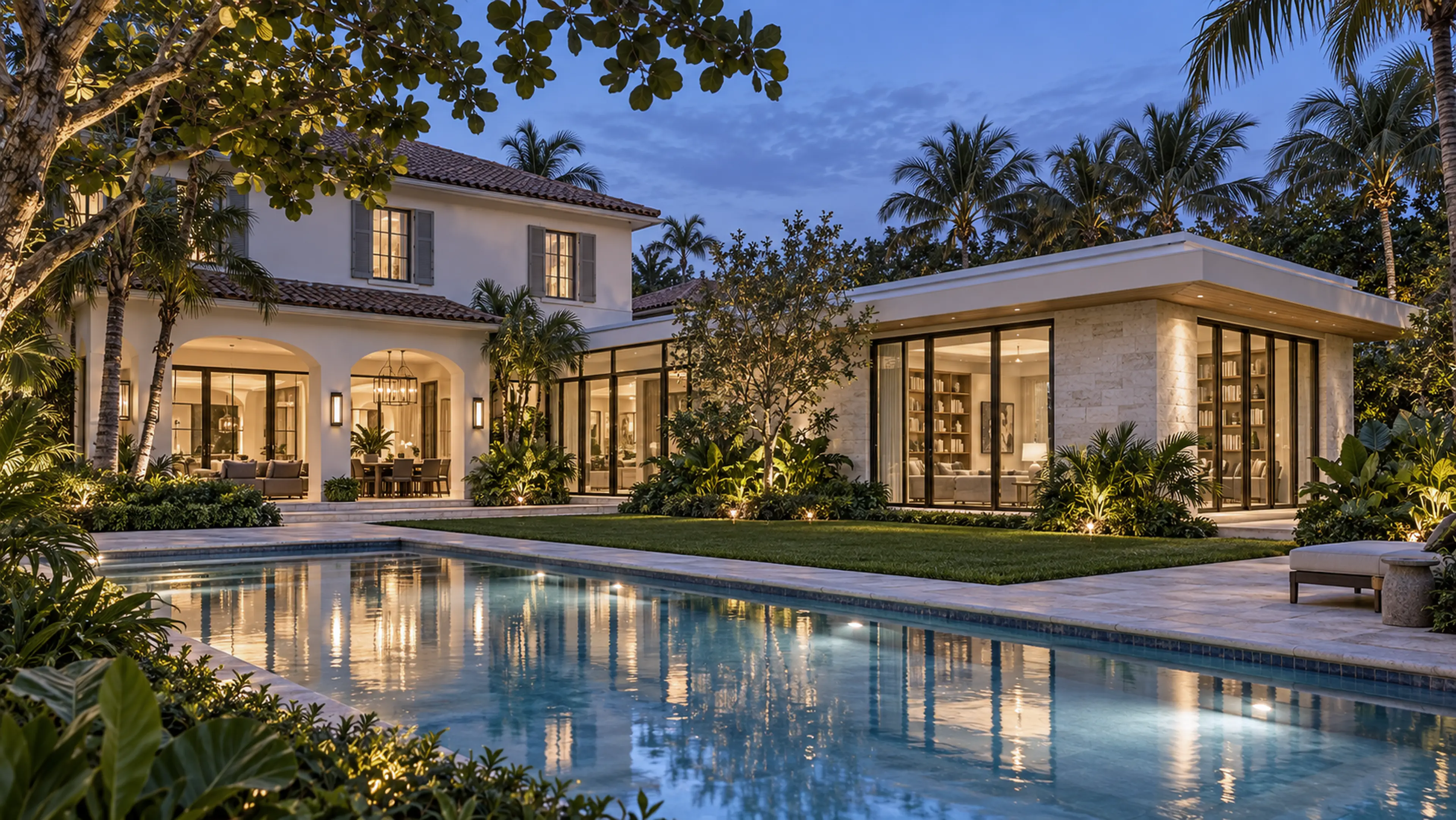 Original coastal residence and completed garden-wing addition reflected in the pool at twilight.