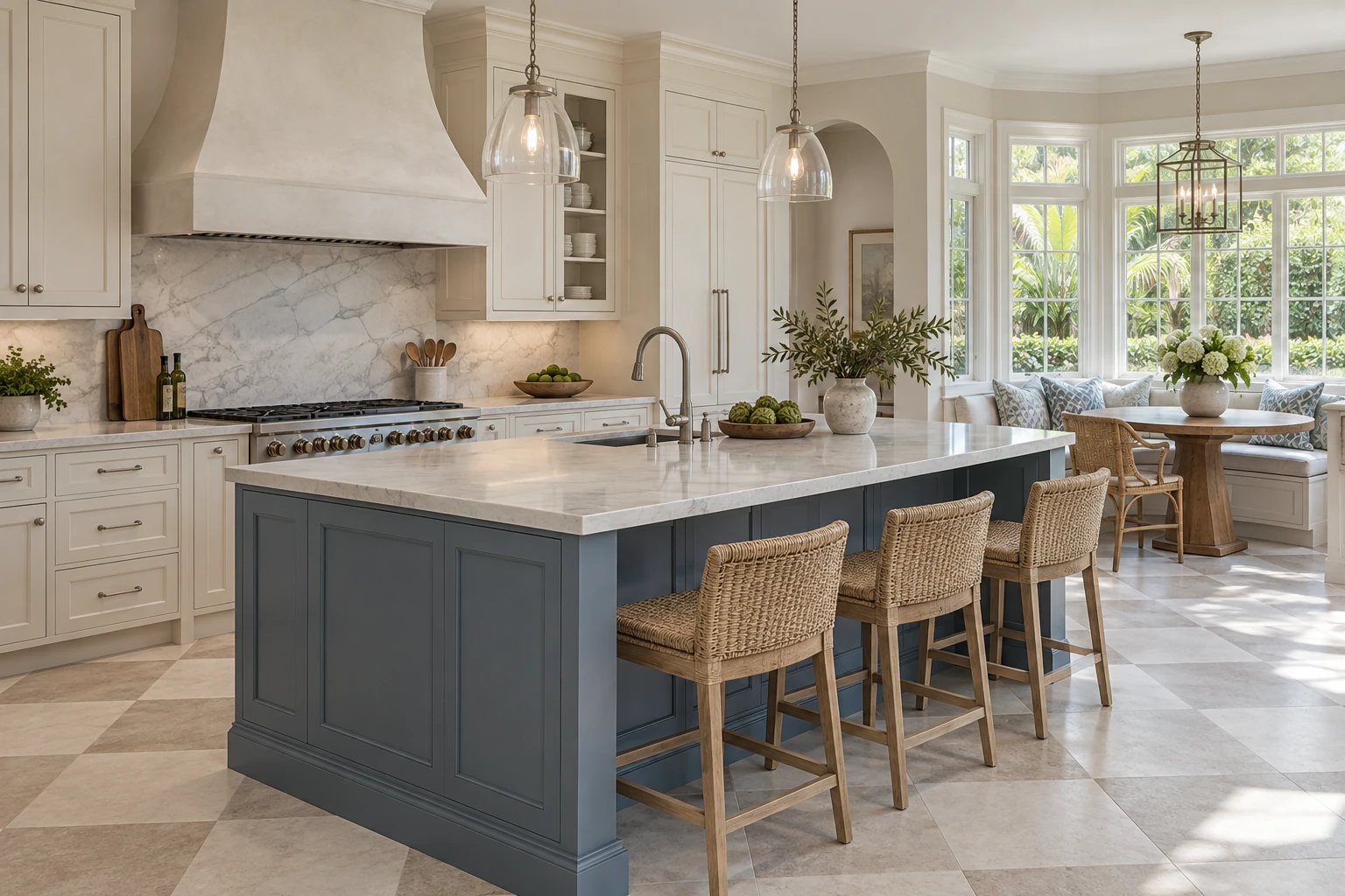 Kitchen with a smoky blue island, ivory cabinetry and a garden breakfast nook — RENOVA design concept.