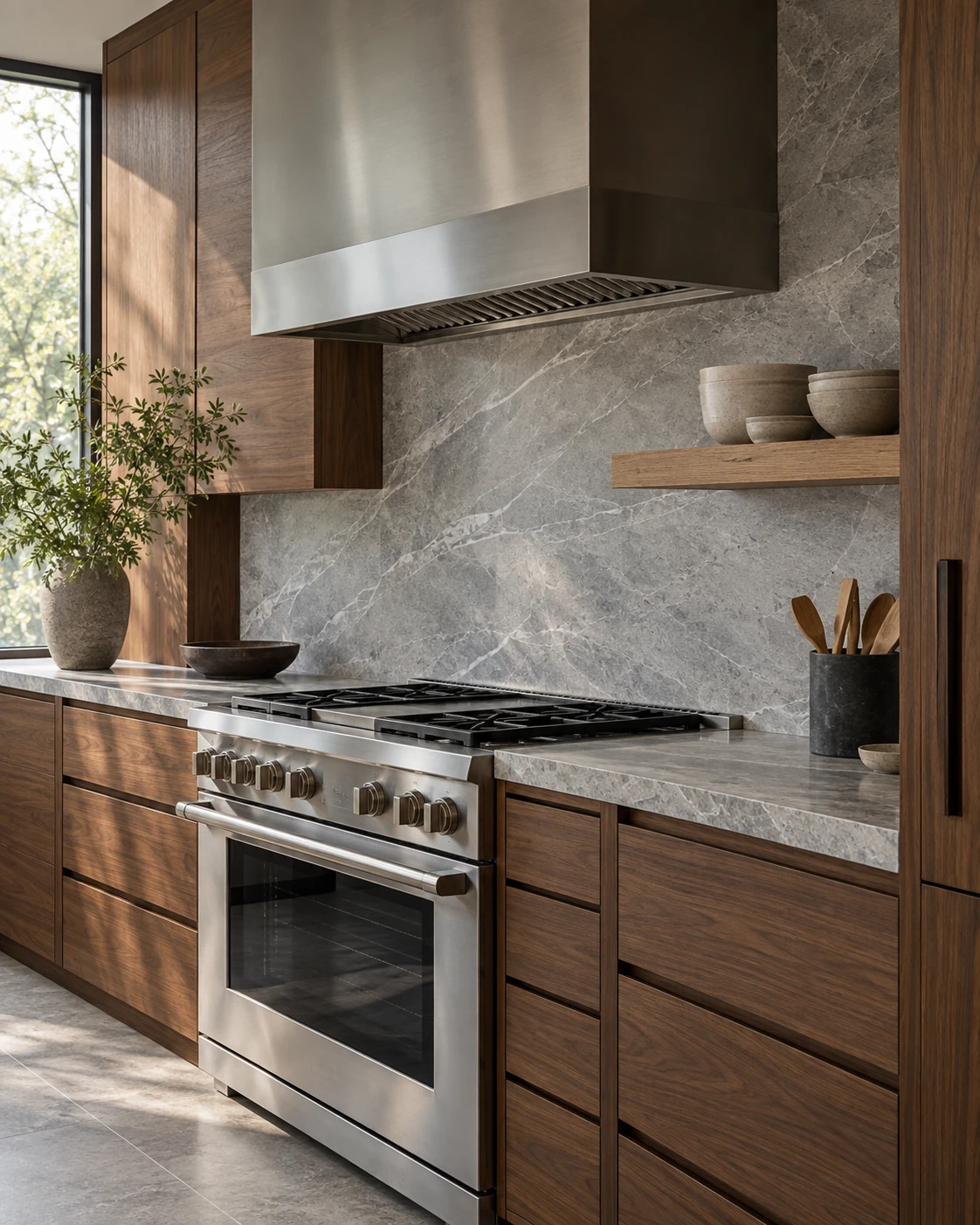 Walnut range wall with honed gray stone, stainless steel and precise flush joinery — RENOVA design concept.