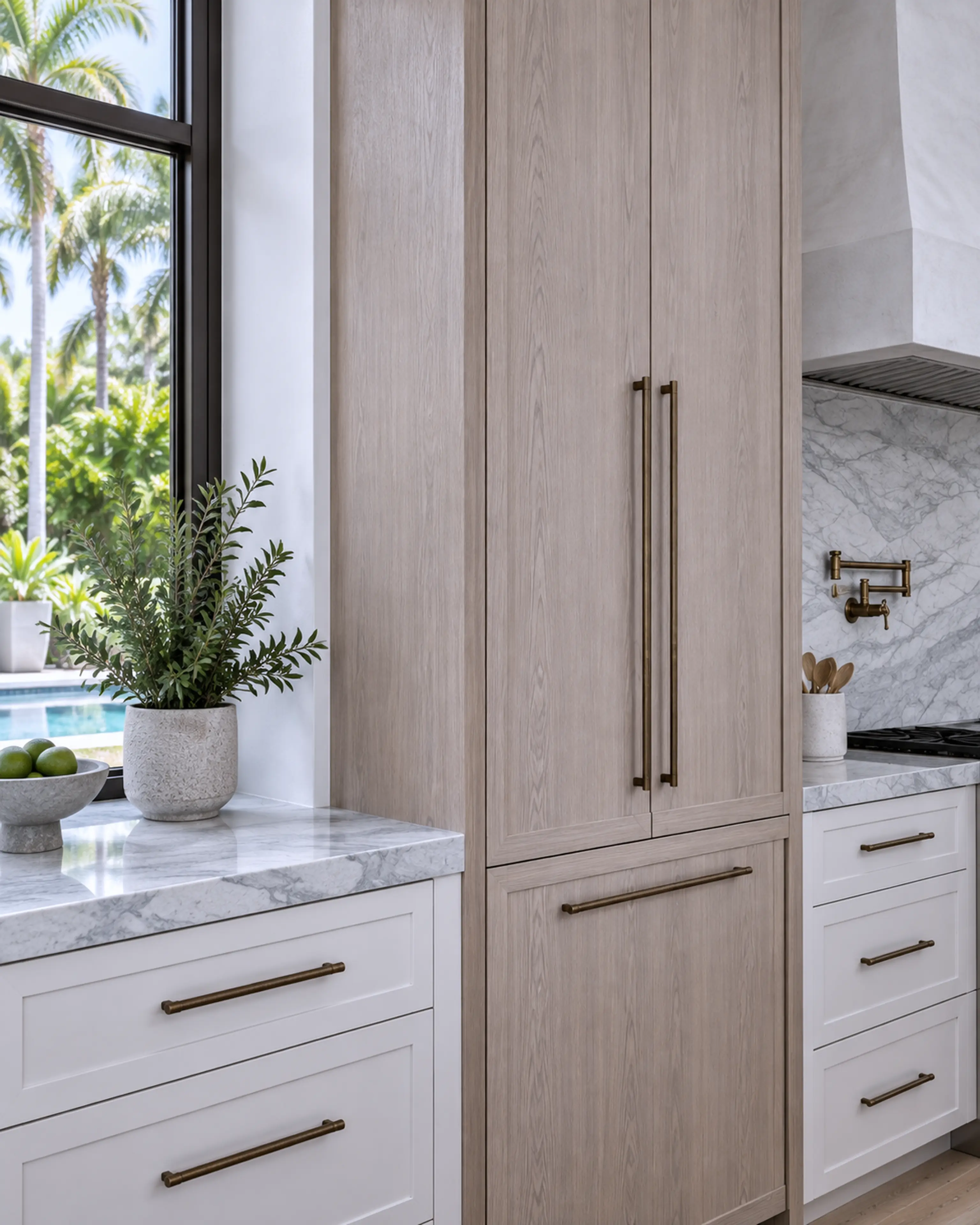Clean pale-oak cabinetry, slim handles, and white stone at the kitchen window.