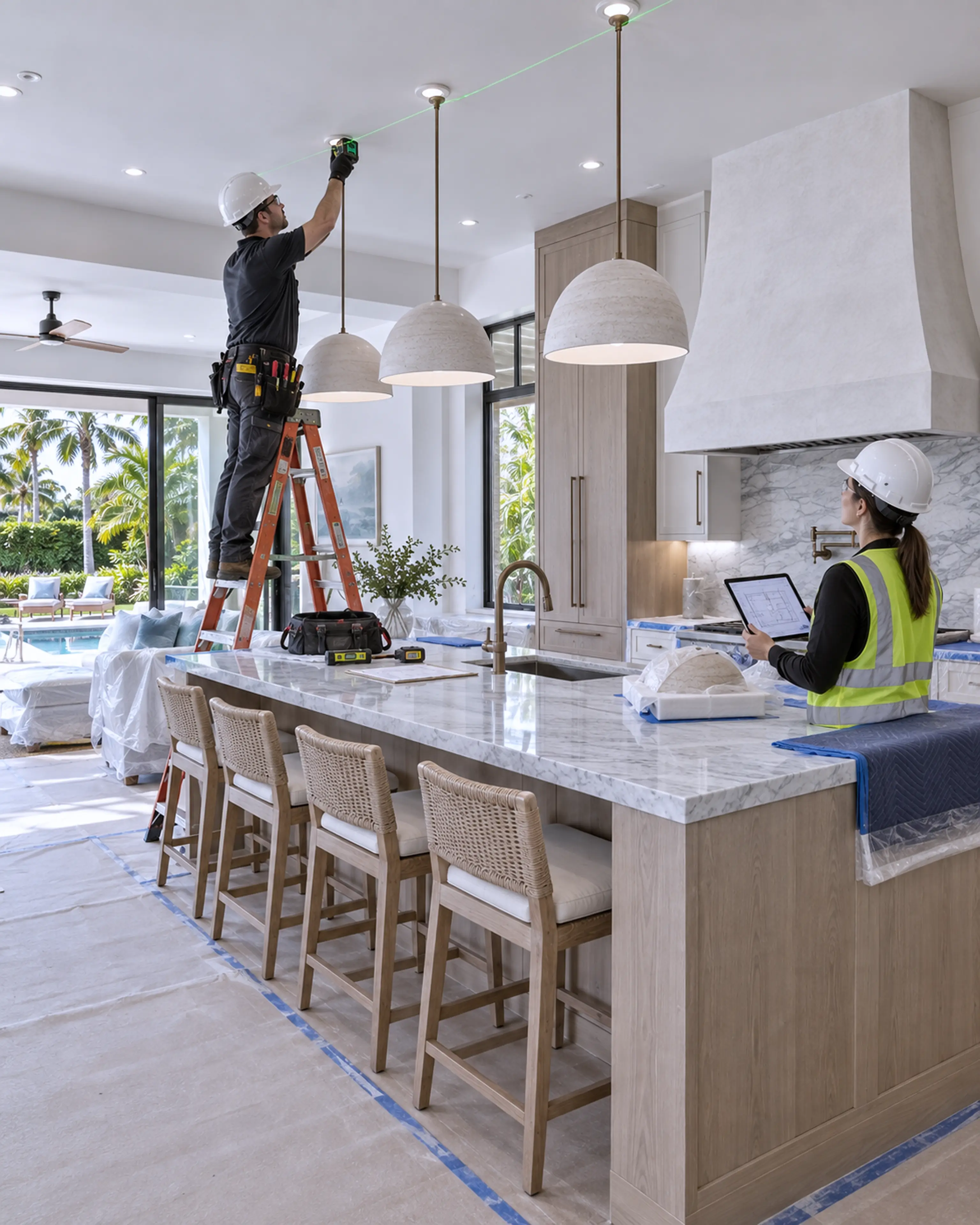 Two licensed professionals coordinating decorative and architectural lighting in the kitchen.