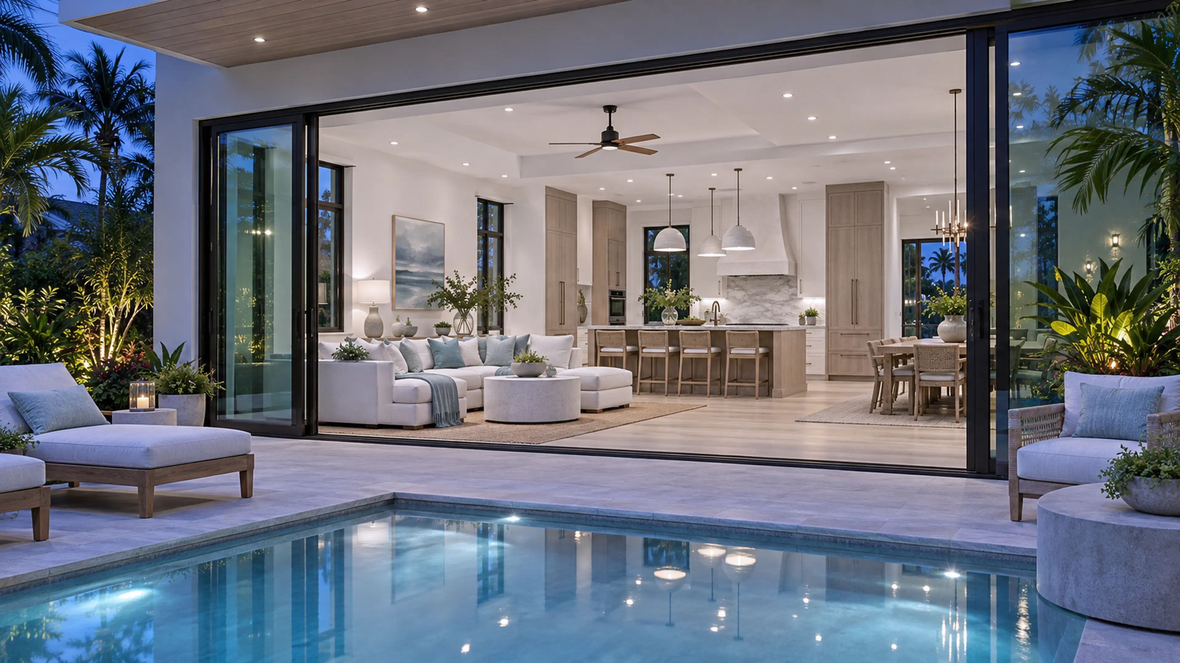 Renovated Coastal Contemporary kitchen and pool terrace glowing naturally at blue hour.