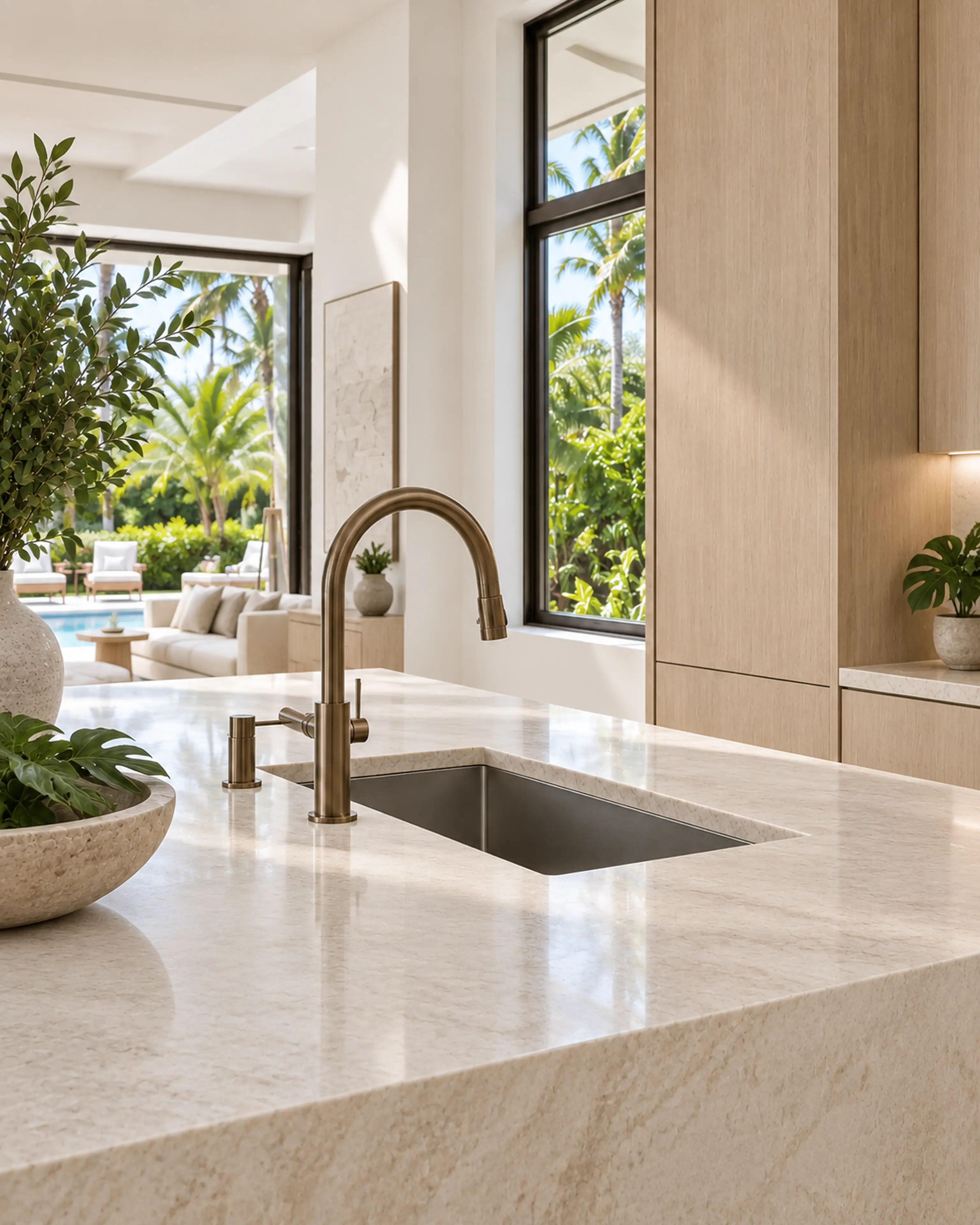 Miami Modern sink detail with seamless pale stone, warm oak, and slim black-framed garden views.