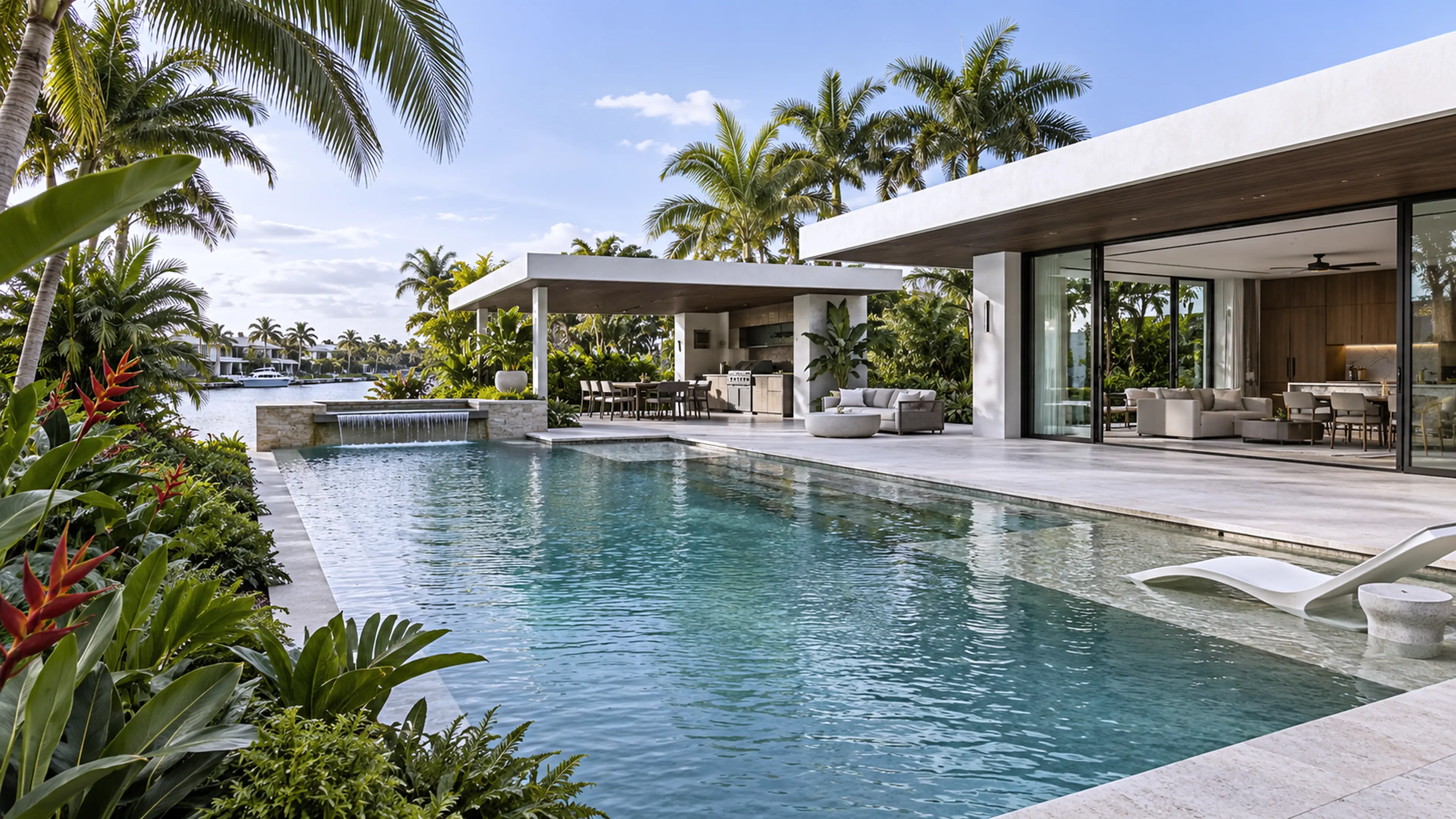 Completed Coastal Contemporary waterfront pool with pale stone, ipe soffits, and integrated tropical landscaping.