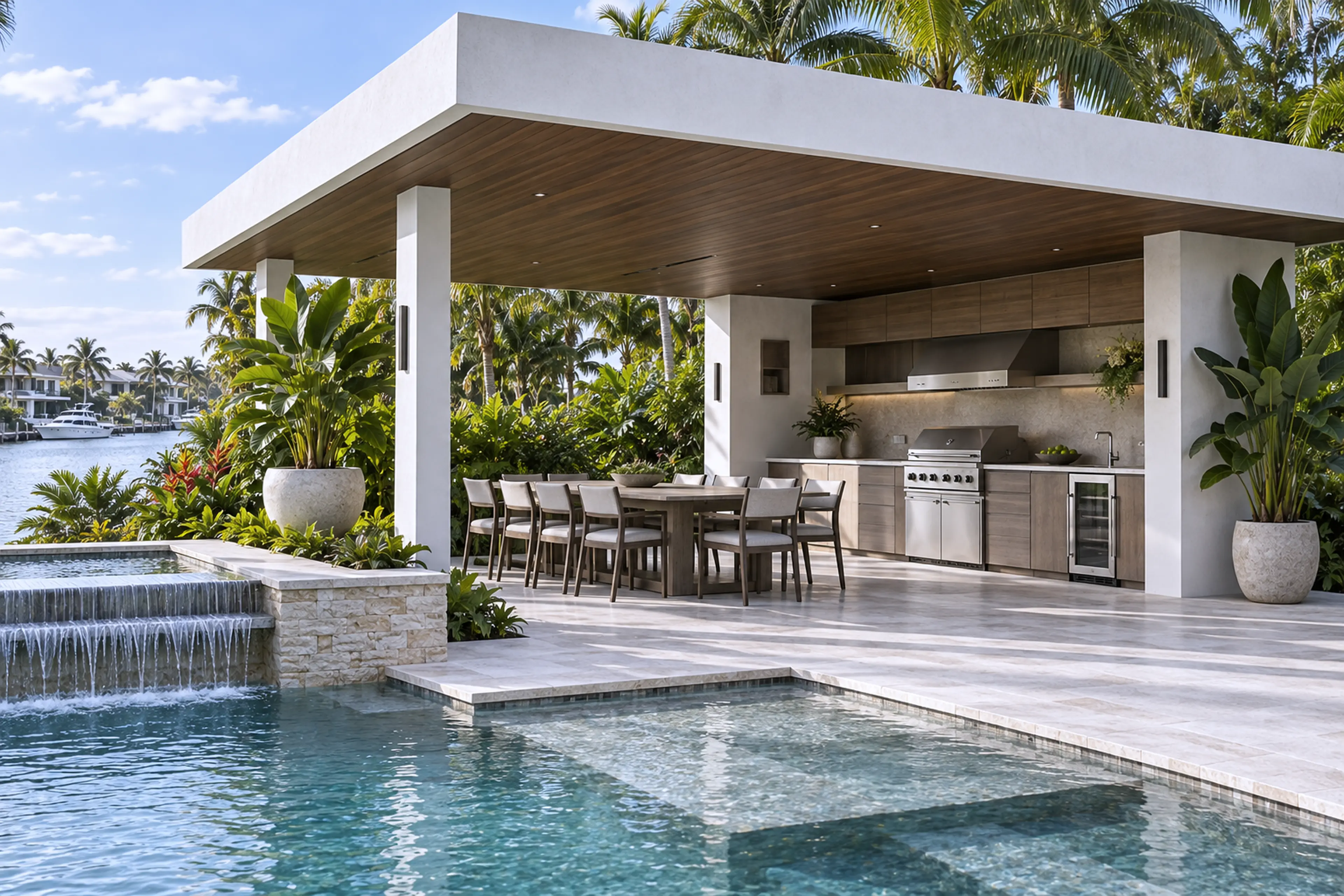 Contemporary outdoor kitchen under a clean timber-lined pavilion beside the pool.