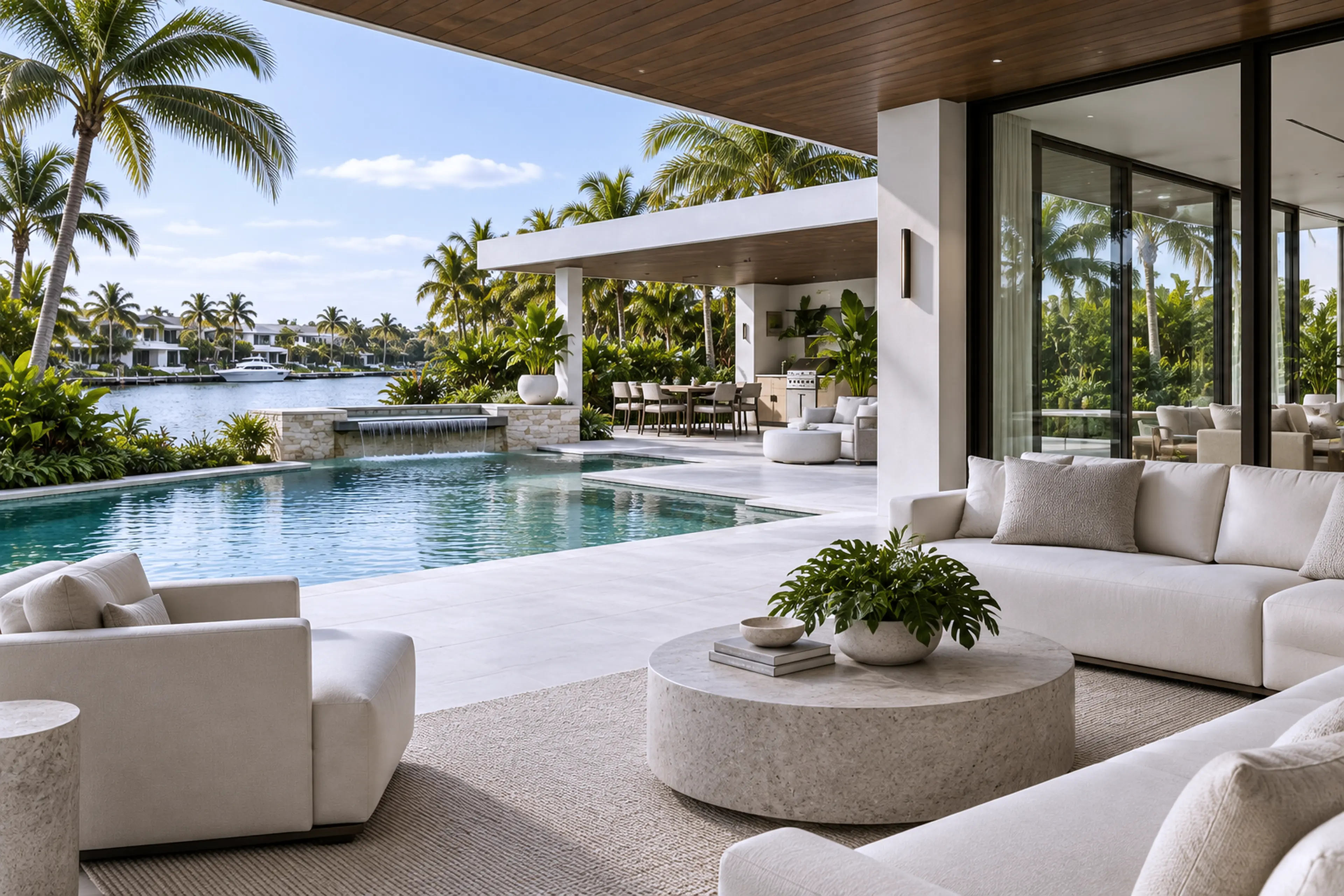 Modern shaded pool terrace with low seating, natural timber, and clear water views.