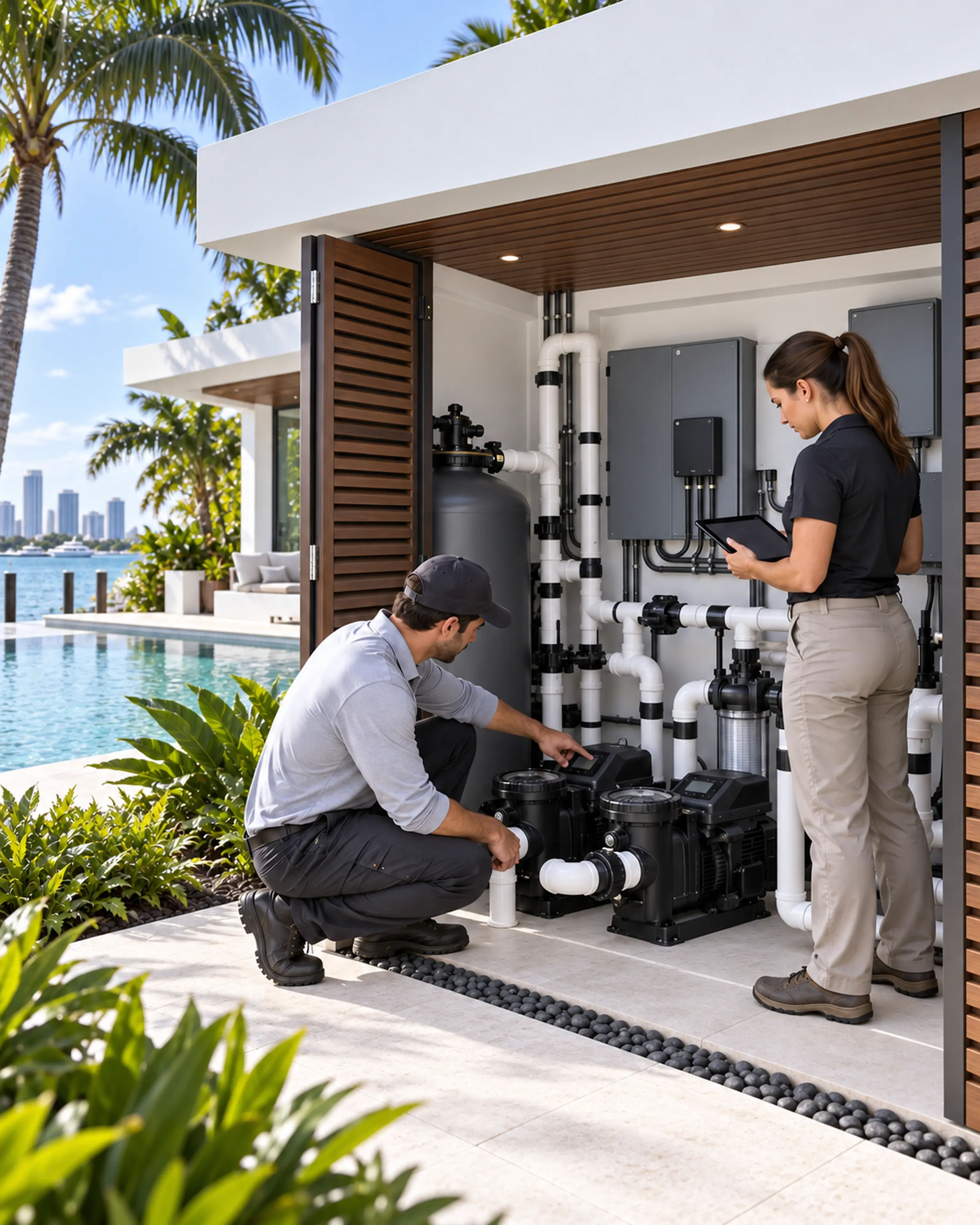 Two pool professionals coordinating Miami Modern equipment with correct PPE, tools, and sequencing.