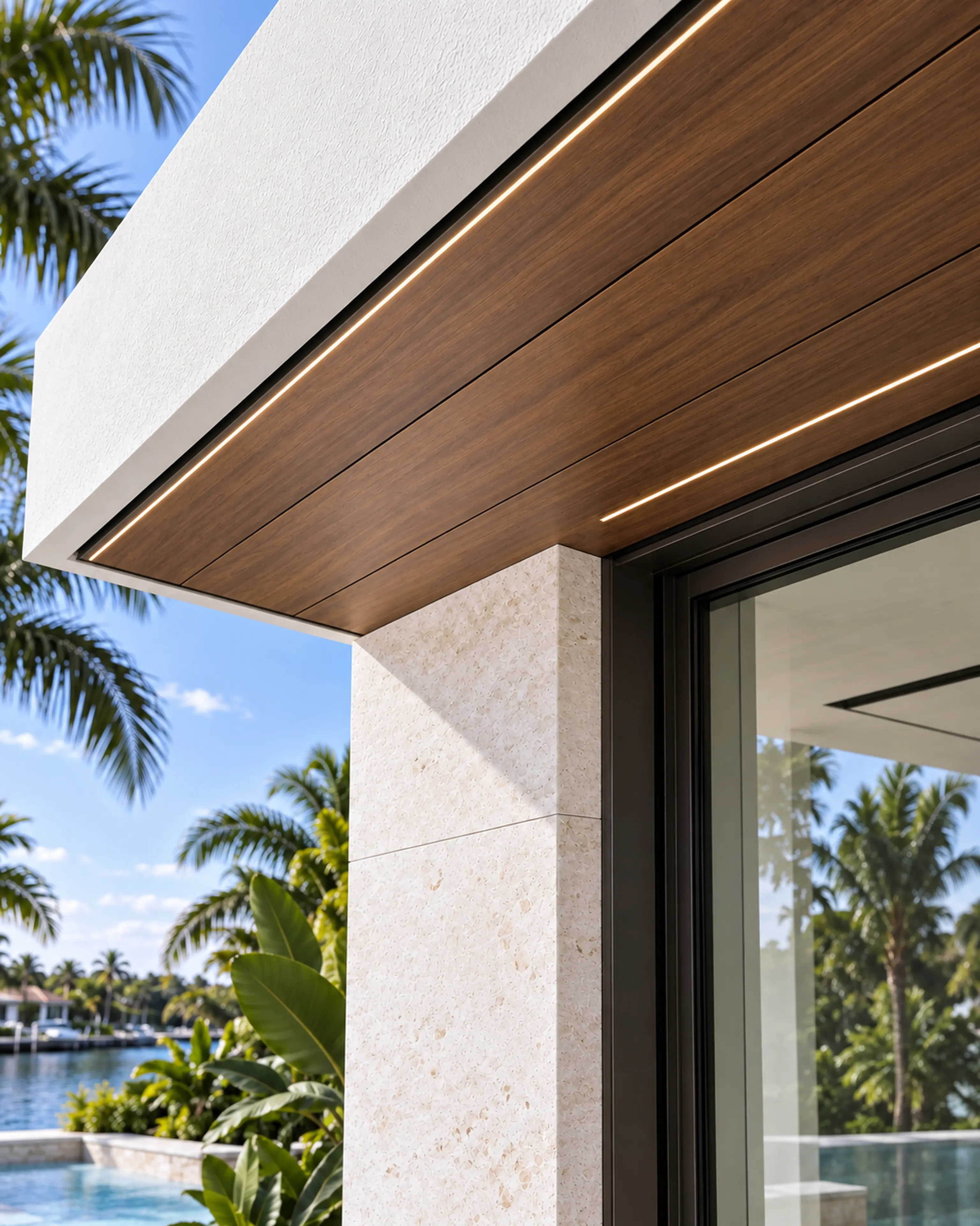 Miami Modern pool-terrace soffit detail with warm wood, linear light, limestone, and black metal.