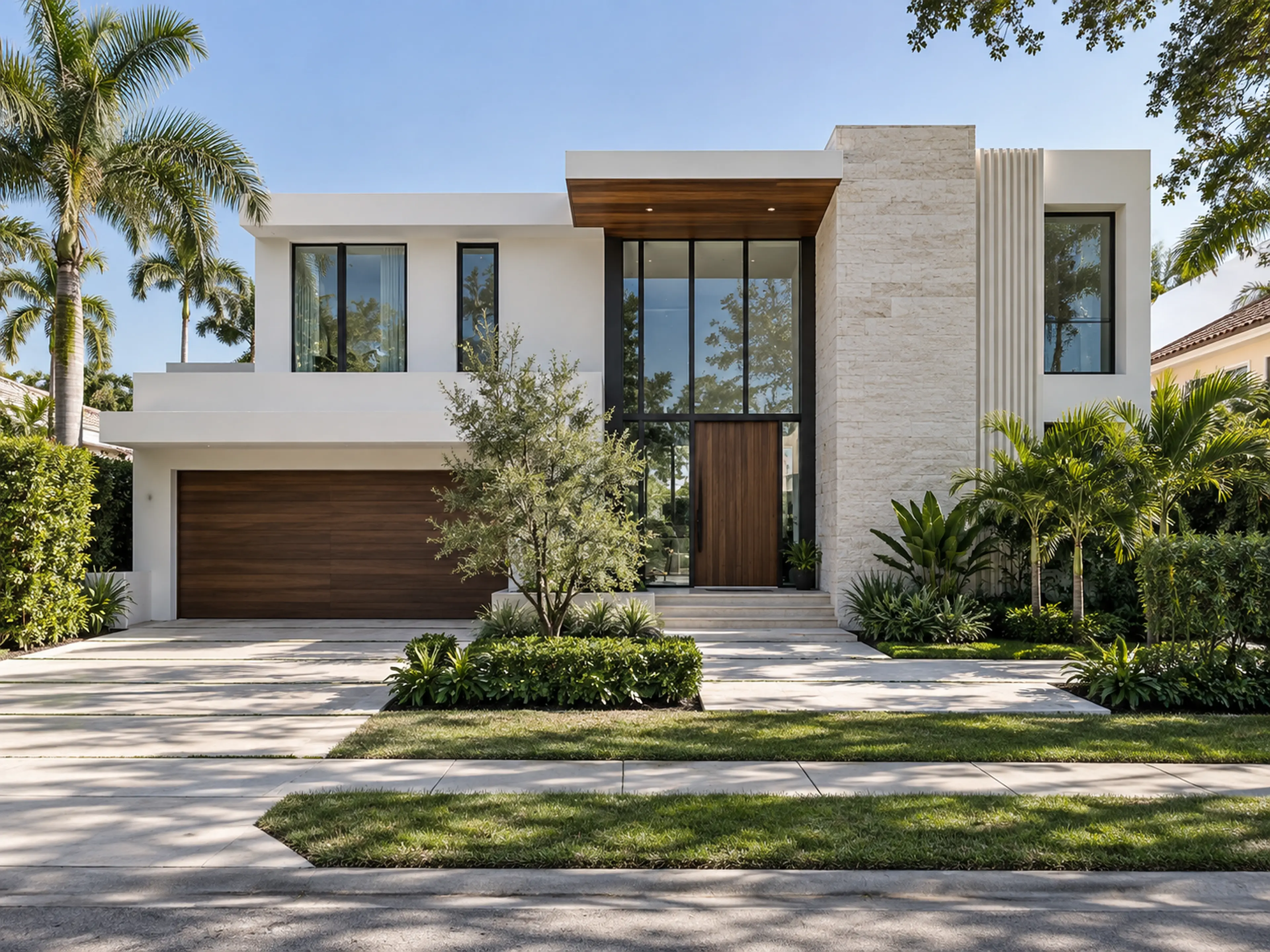 Renovated Boca Raton Miami Modern residence with crisp white volumes, charcoal glazing, walnut accents, limestone, and restrained tropical planting.