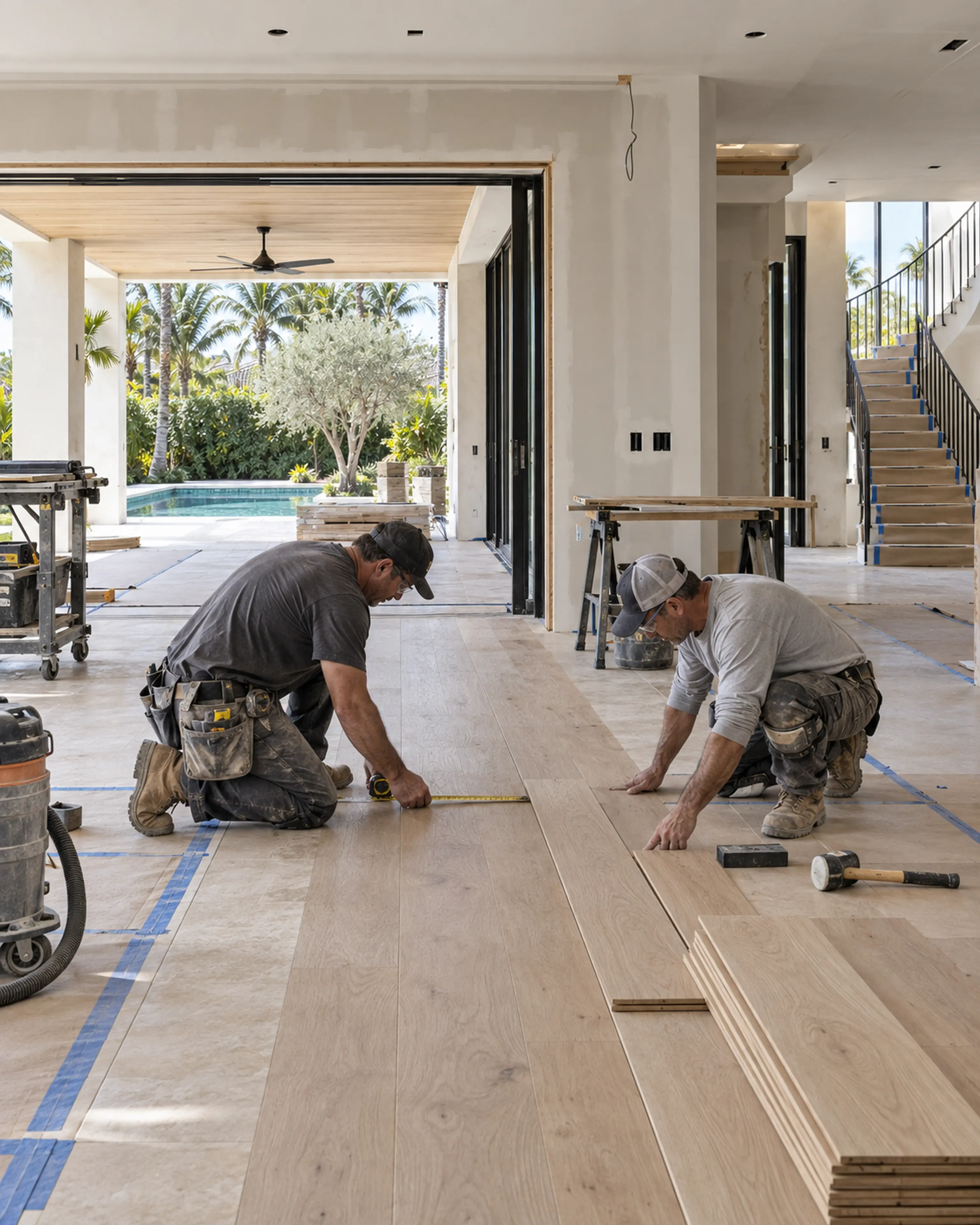 Superintendent and finish carpenter measuring continuous white-oak flooring through a newly opened connection between the living and dining rooms.