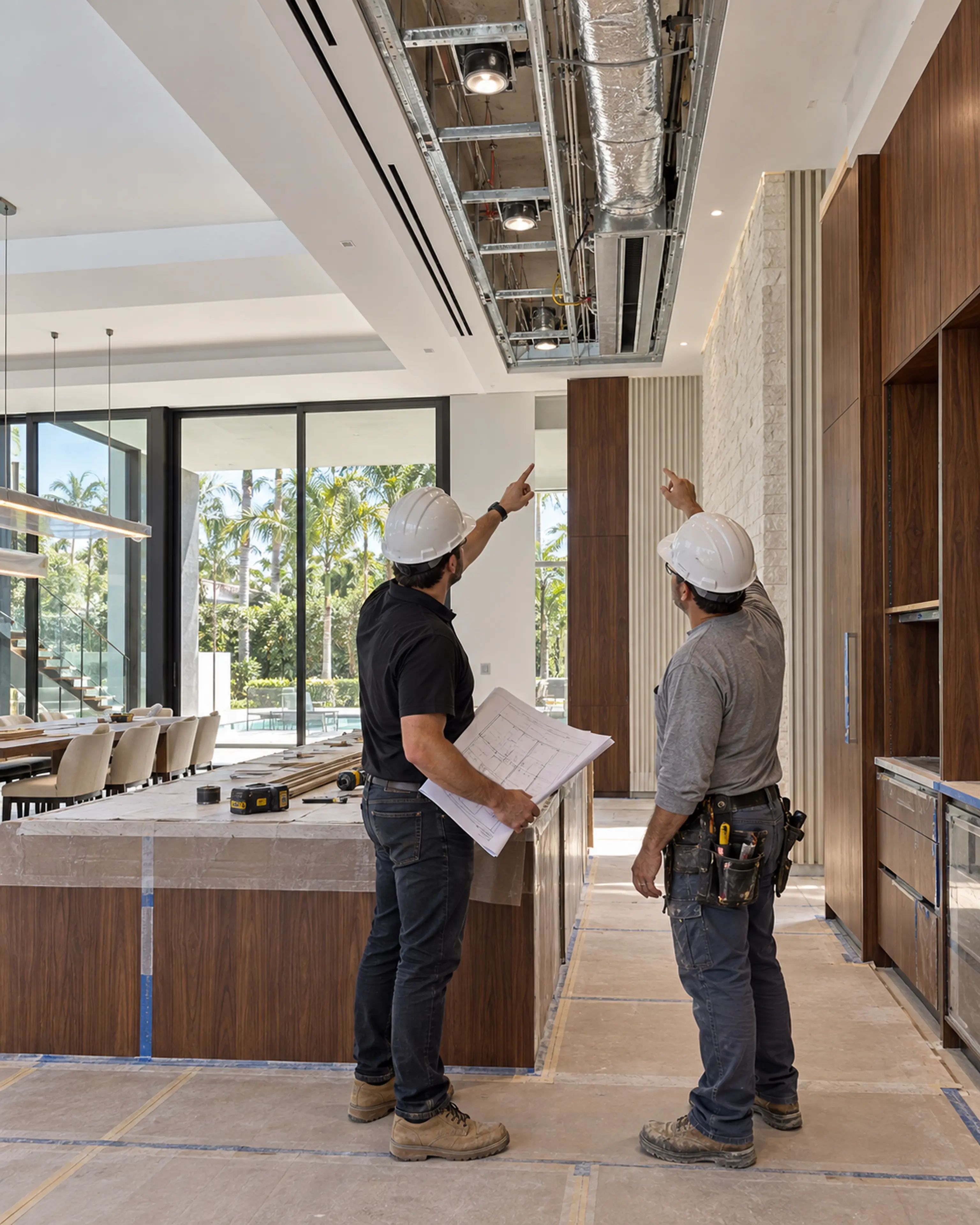 Project lead and licensed trade coordinating recessed lighting, linear HVAC, shadow gaps, and walnut millwork inside a Miami Modern renovation.