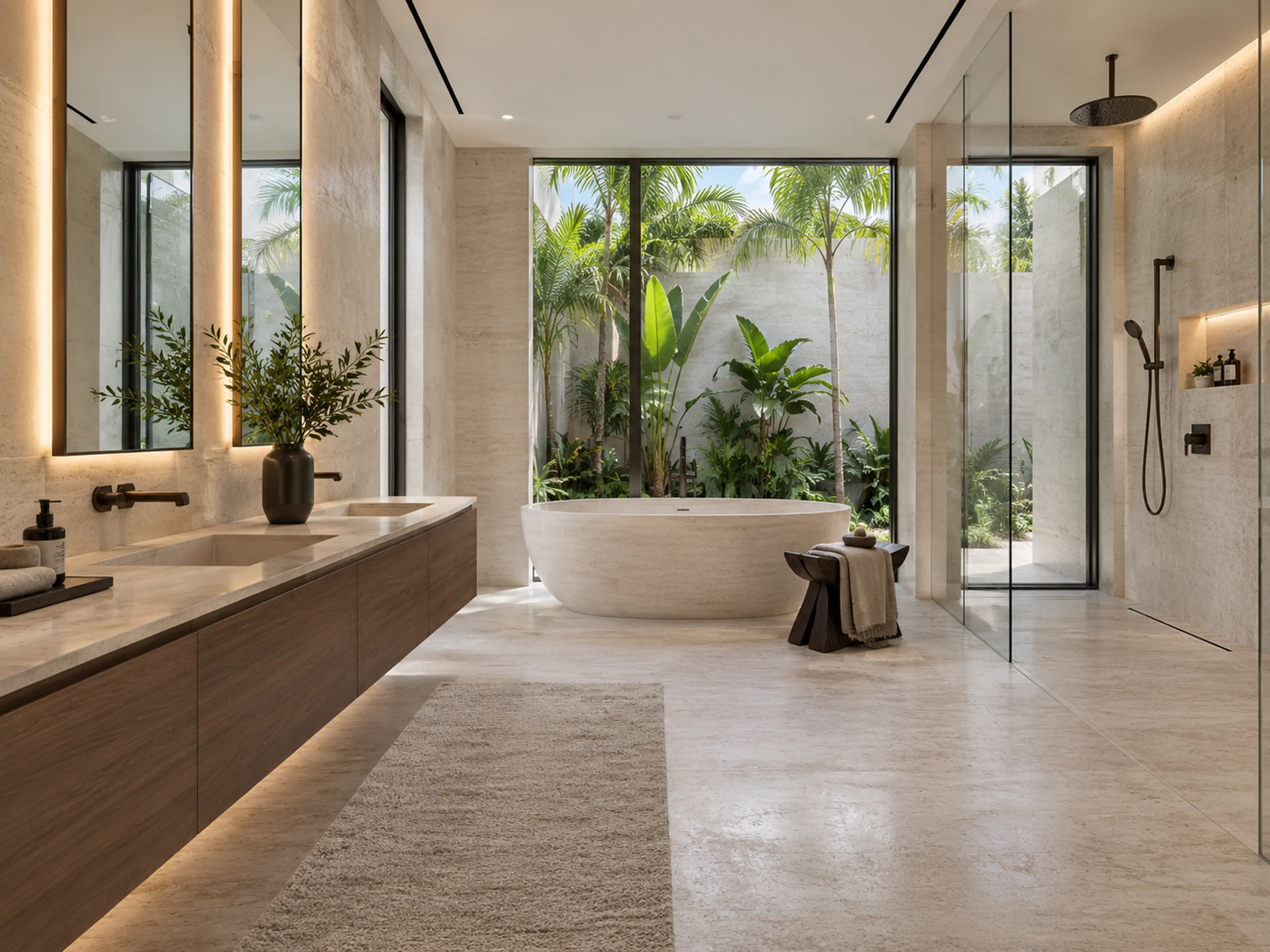 Miami Modern primary bathroom with vein-cut limestone, a floating walnut vanity, monolithic tub, linear lighting, bronze fixtures, and a planted light court.