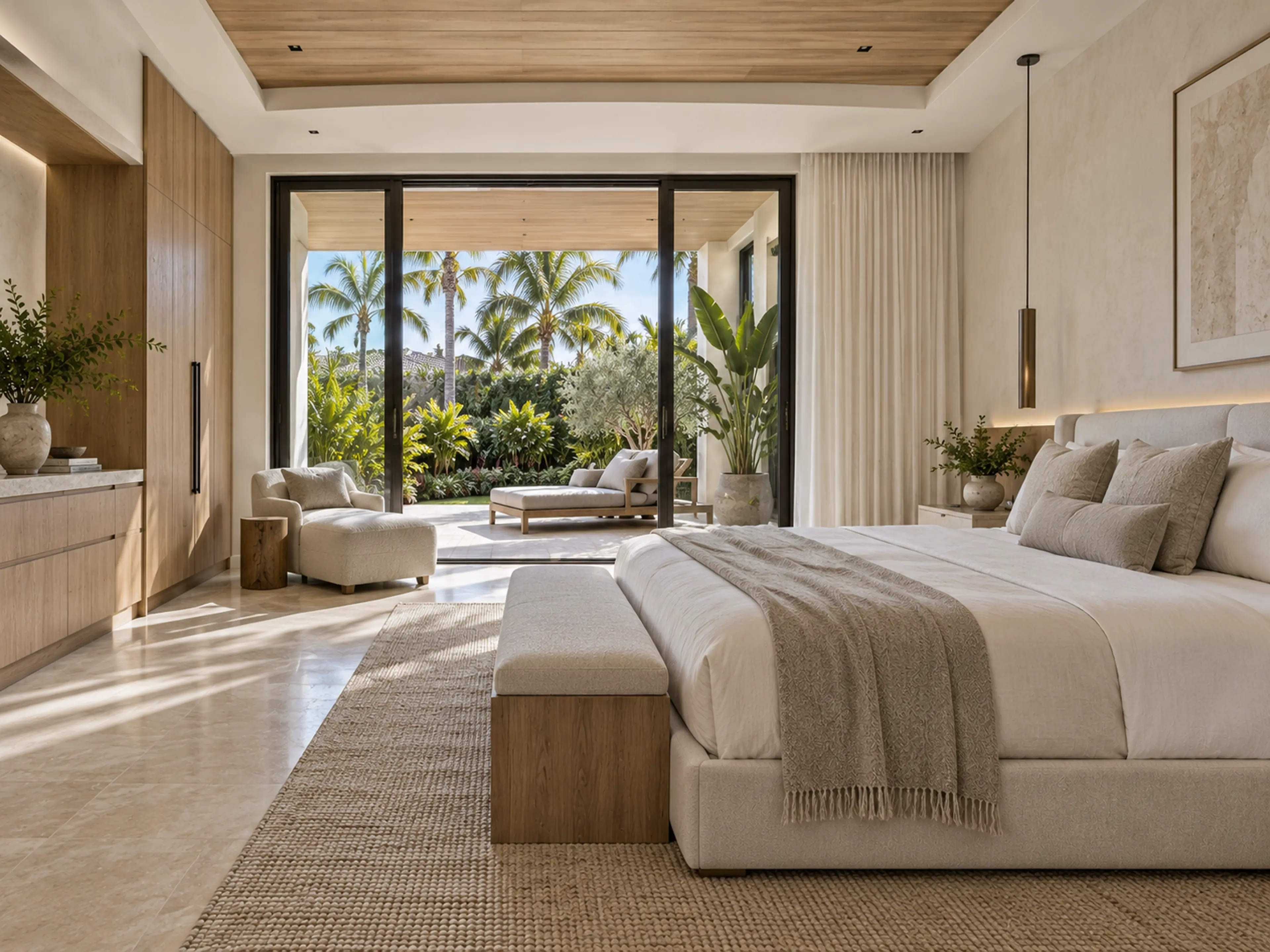 Completed primary bedroom with integrated white-oak storage, neutral textiles, limestone flooring, and bronze doors to a private garden terrace.