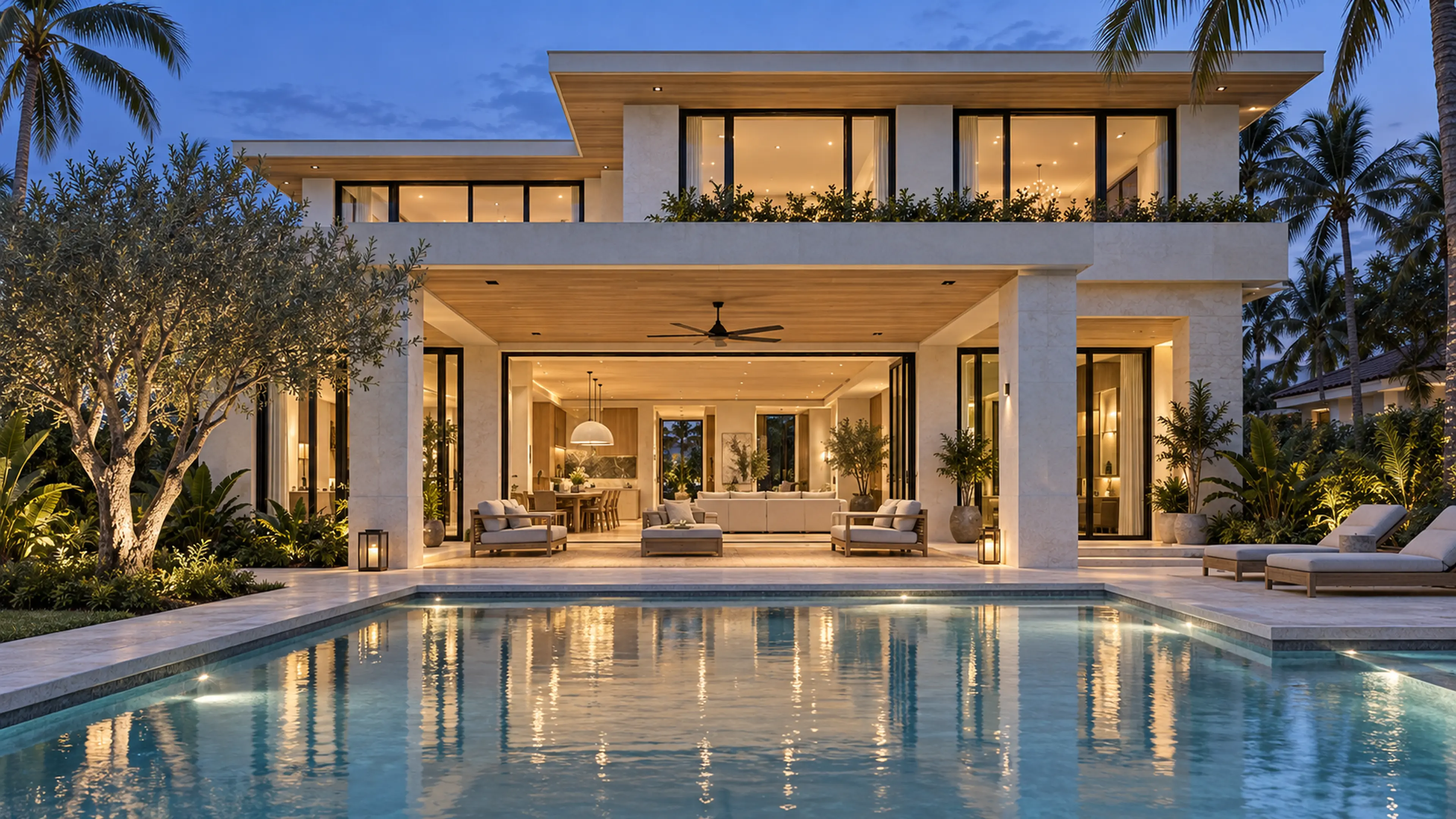 Completed rear pool elevation at blue hour with the renovated living, dining, and kitchen spaces opening through the white-oak loggia.