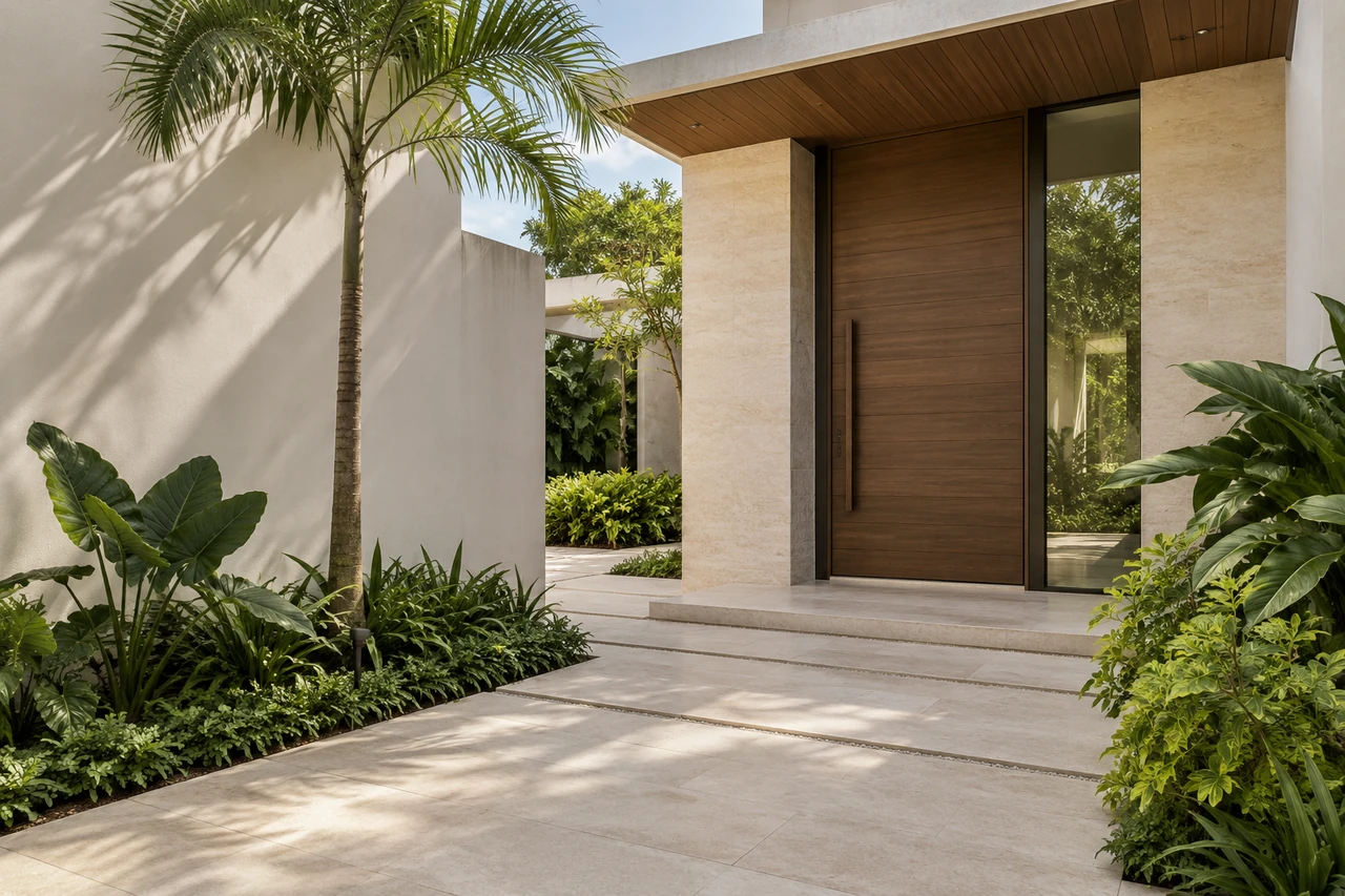 An original architectural study of a warm oak entrance framed by pale limestone, tropical planting and a quiet sunlit courtyard.